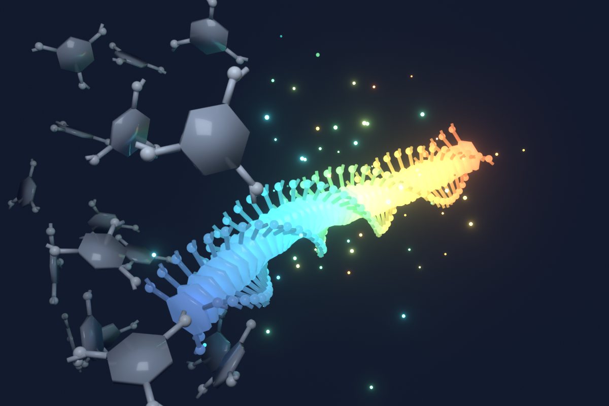 Scattered organic molecules assembling into a twisted stack that glows, with the emission color shifting from blue through green to orange along the stack